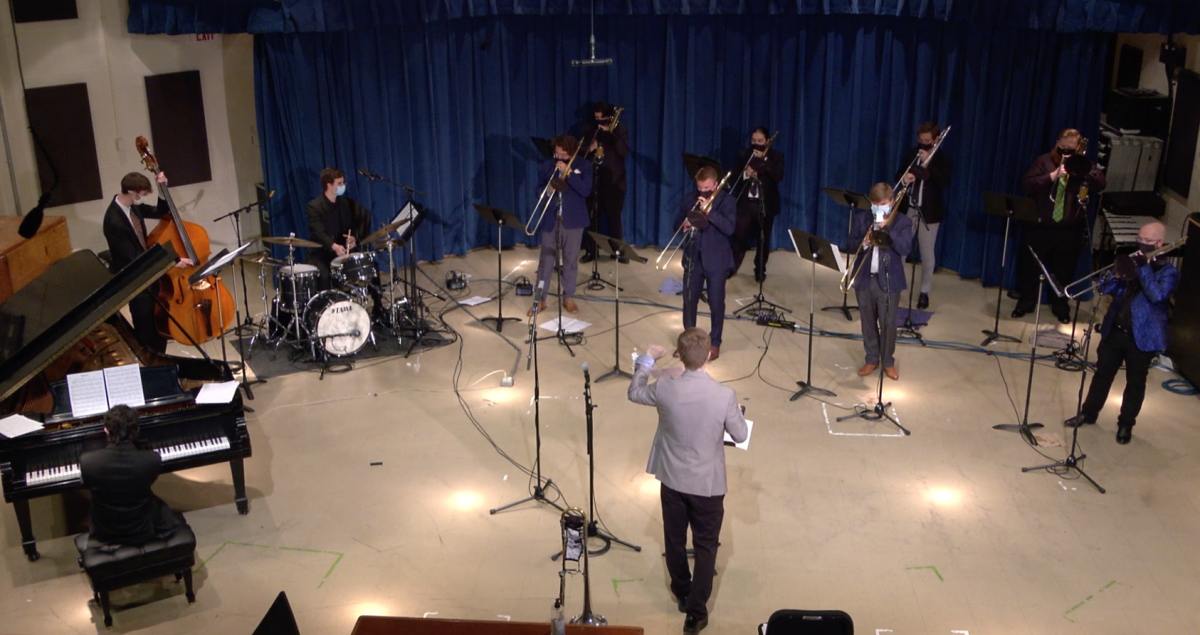 The U-Tubes Jazz Trombone Ensemble performing in Lab West